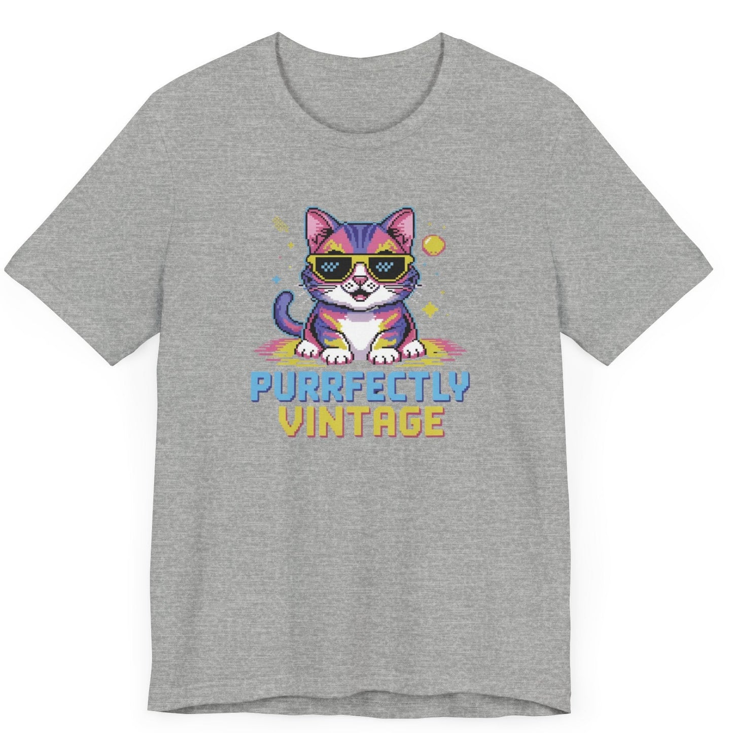 80's - 90's retro cat tshirt featuring pixelated cat with sunglasses and the words purrfectly vintage