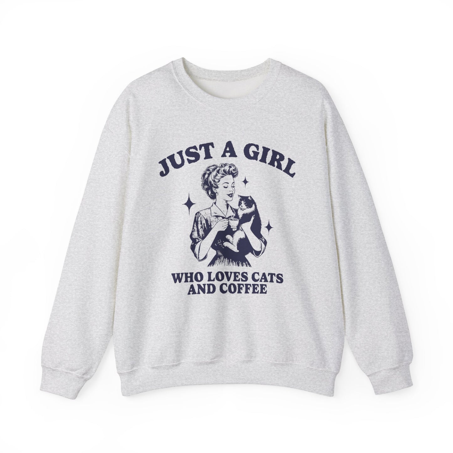 Crewneck Sweatshirt - Loves Coffee and Cats This crew neck sweatshirt is perfect for the girl who can't get enough of cats and coffee. It's the ultimate accessory for your self-care routine, allowing you to indulge in your passions while wrapped in softne