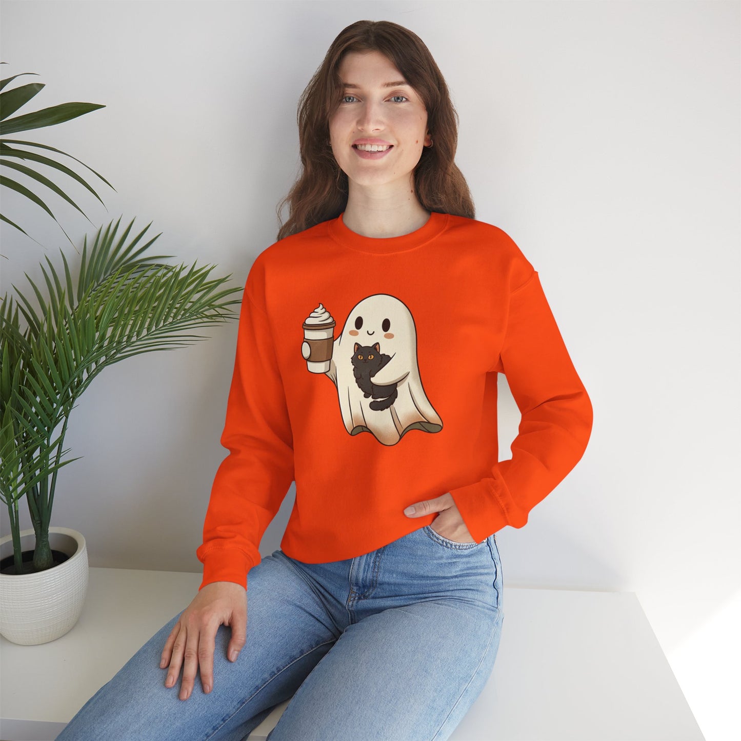 Ghost with Black Cat & Coffee Sweatshirt – Cute Halloween Crewneck, Spooky Season Fall Sweatshirt for Cat Lovers