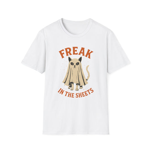 Freak in the Sheets Cat Halloween T-Shirt – Funny Ghost Cat Graphic Tee