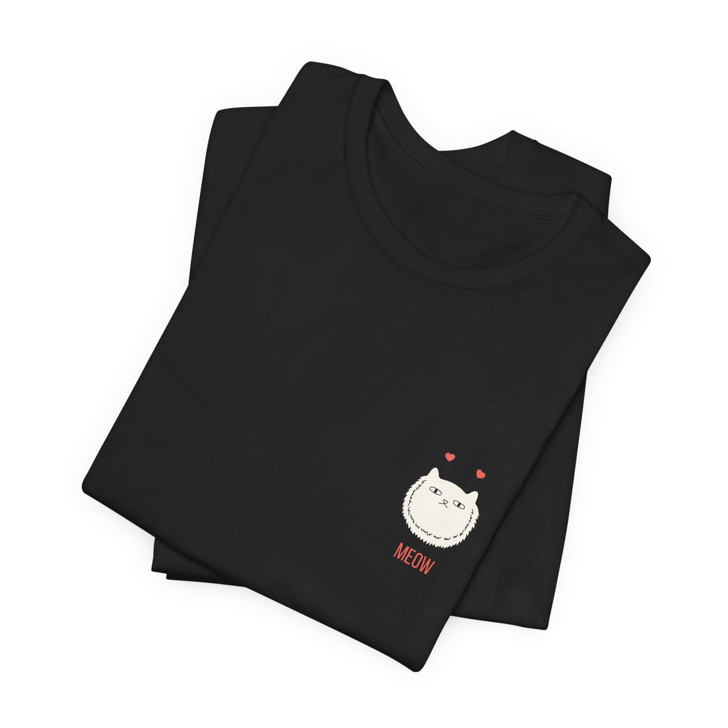 Valentines Day Tshirt that features a cute cat face in the left chest area. The cat has cute heart shaped ear tips and it says meow under the cats face