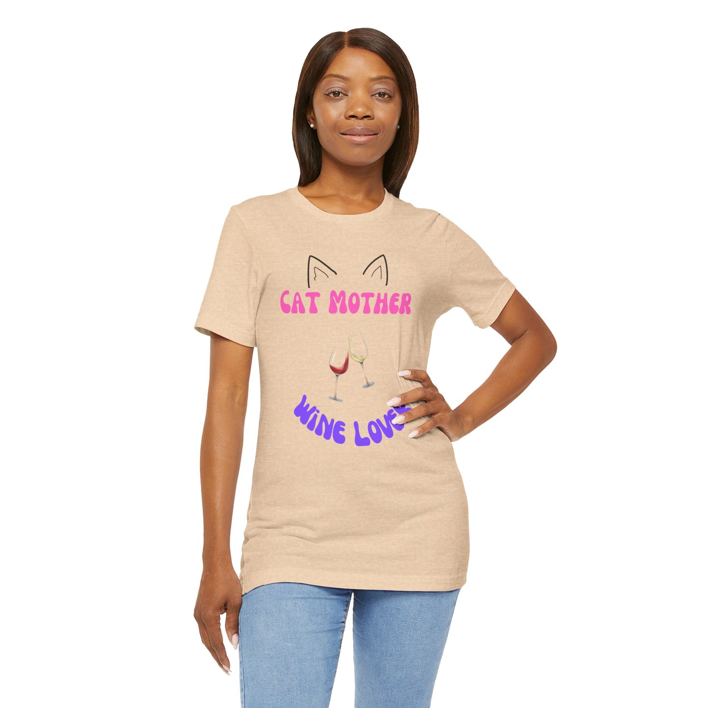 Cat Mother Wine Lover Tee This Cat Mother wine lover T-Shirt exudes a cozy and relaxed vibe, perfect for lounging or casual outings. It is ideal for those who love cats and enjoy a good glass of wine. A great gift for cat moms and wine enthusiasts.Product