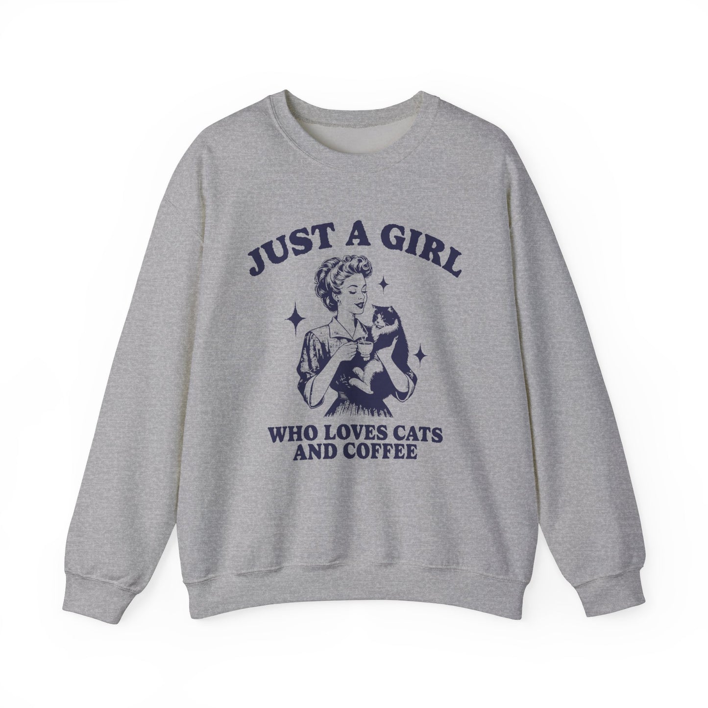 Crewneck Sweatshirt - Loves Coffee and Cats This crew neck sweatshirt is perfect for the girl who can't get enough of cats and coffee. It's the ultimate accessory for your self-care routine, allowing you to indulge in your passions while wrapped in softne
