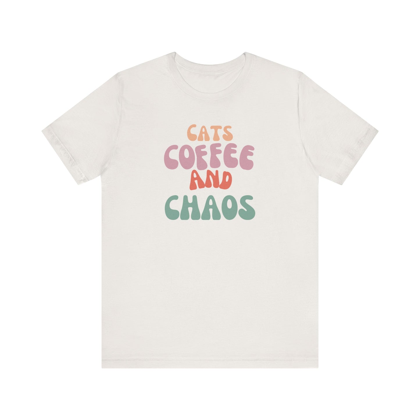 Cats and Coffee and Chaos Tee This shirt celebrates the joyful chaos that comes with loving cats and coffee. Whether you're sipping your morning brew or cuddling your kitty, this shirt lets the world know your passions. Wear it with pride and let the comp