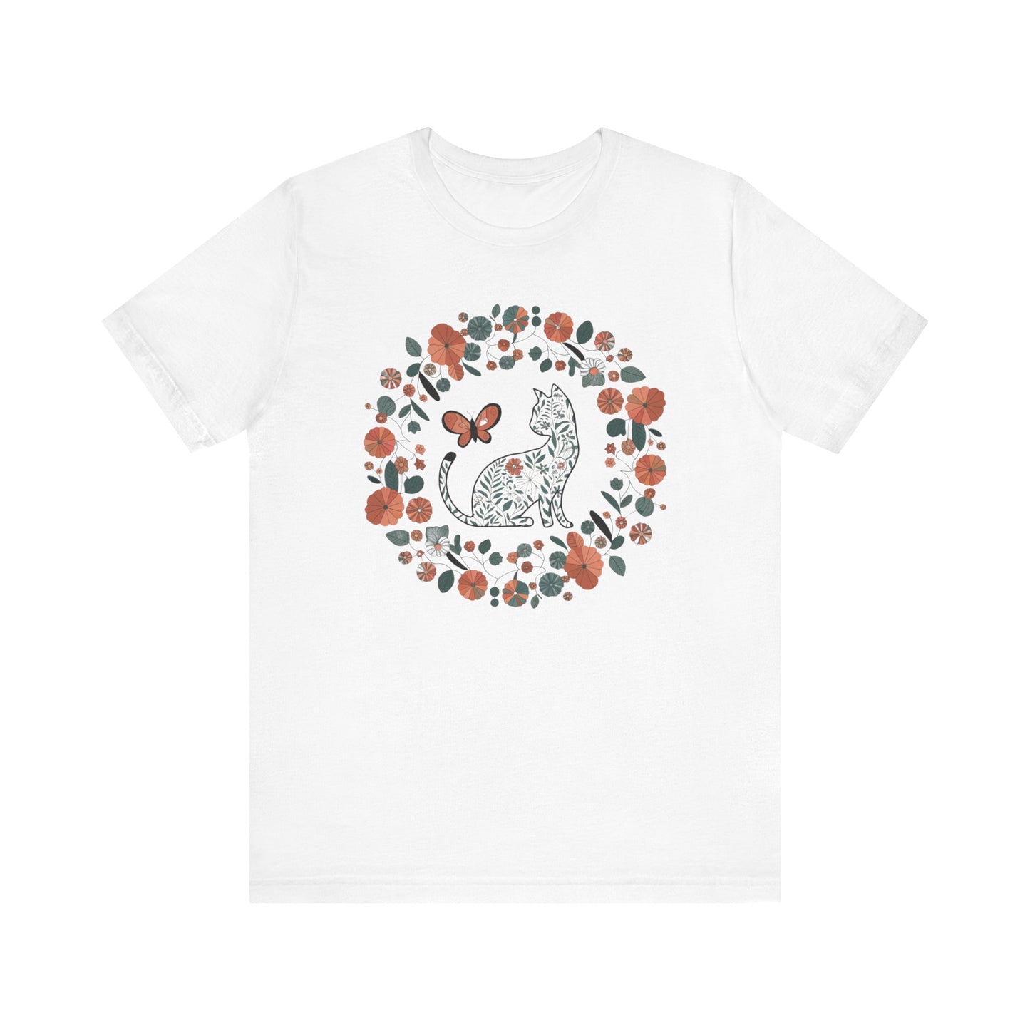 Floral Cat T-shirt with Butterfly This floral cat t-shirt will look great on you for any occassion. Featuring a cat, flowers, and a butterfly, this shirt is sure to catch everyone's eye. The beautiful design will have people asking, "where did you get tha
