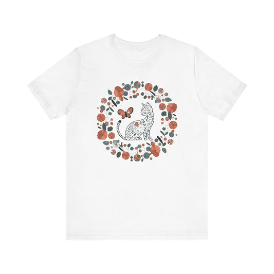 Floral Cat T-shirt with Butterfly This floral cat t-shirt will look great on you for any occassion. Featuring a cat, flowers, and a butterfly, this shirt is sure to catch everyone's eye. The beautiful design will have people asking, "where did you get tha