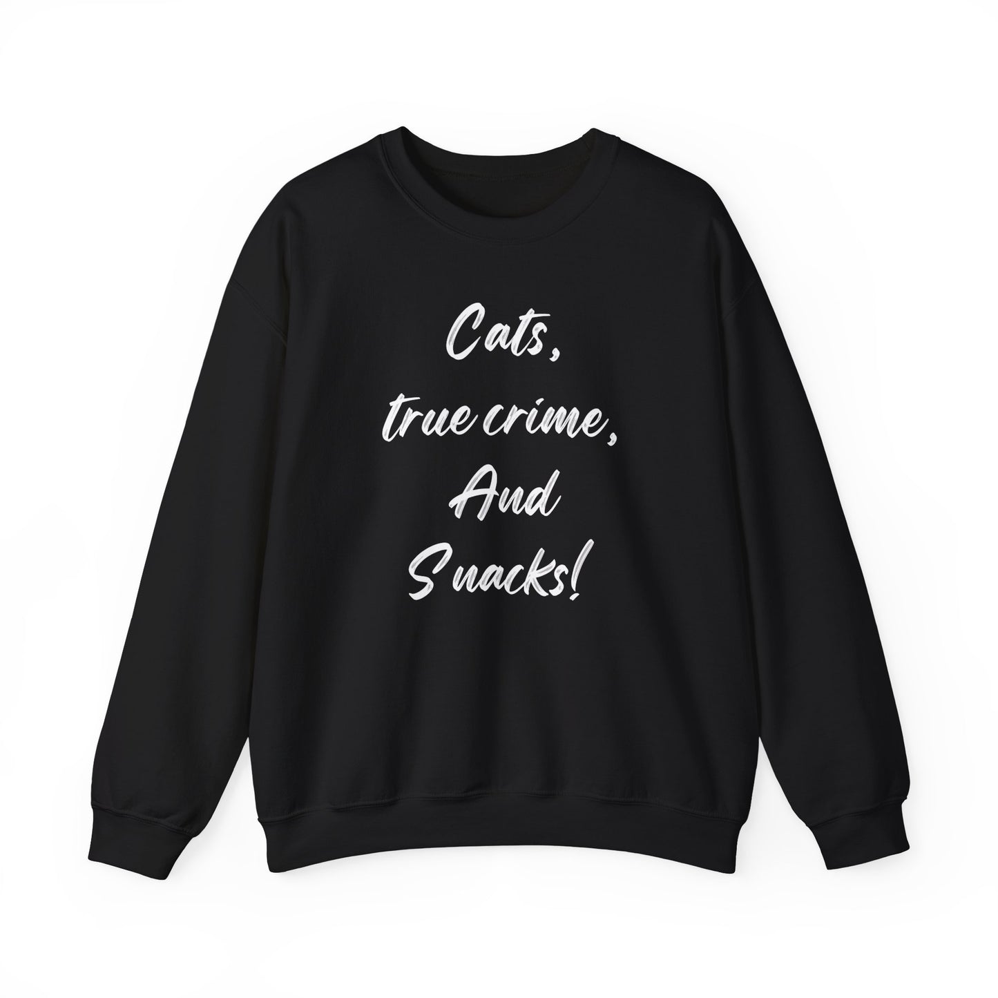 Crewneck Sweatshirt - Cats True Crime and Snacks Design This sweatshirt is perfect for cat lovers who enjoy true crime documentaries and snacks. The cozy fabric blend of cotton and polyester provides warmth during colder months. The classic fit and crew n