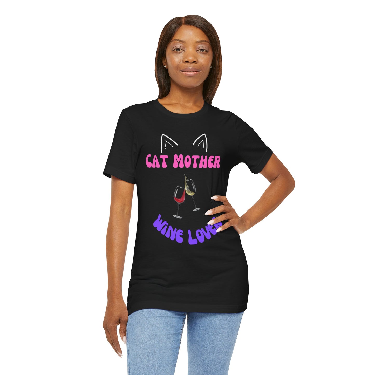 Cat Mother Wine Lover Tee This Cat Mother wine lover T-Shirt exudes a cozy and relaxed vibe, perfect for lounging or casual outings. It is ideal for those who love cats and enjoy a good glass of wine. A great gift for cat moms and wine enthusiasts.Product