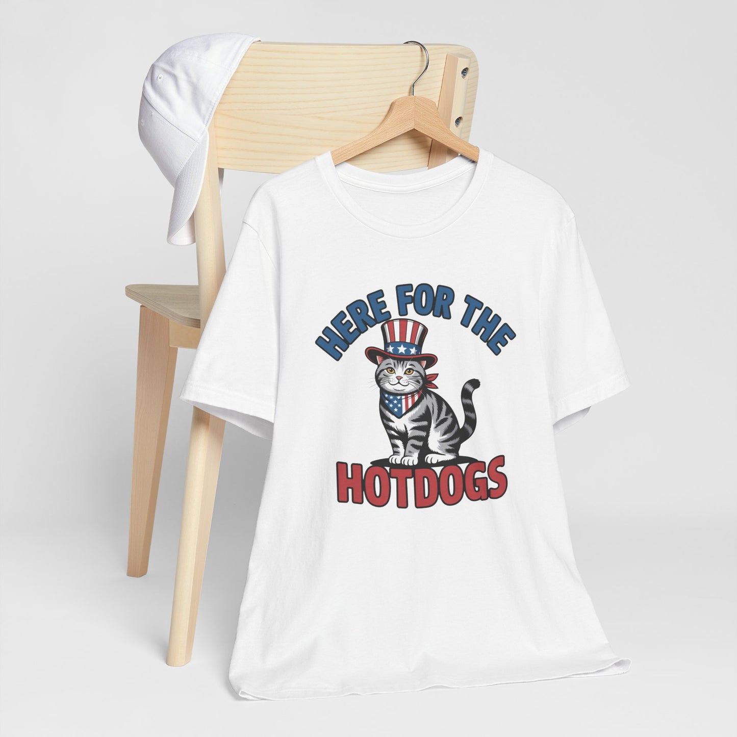Patriotic Cat T-Shirt - "Here For The Hotdogs" Funny 4th of July Shirt