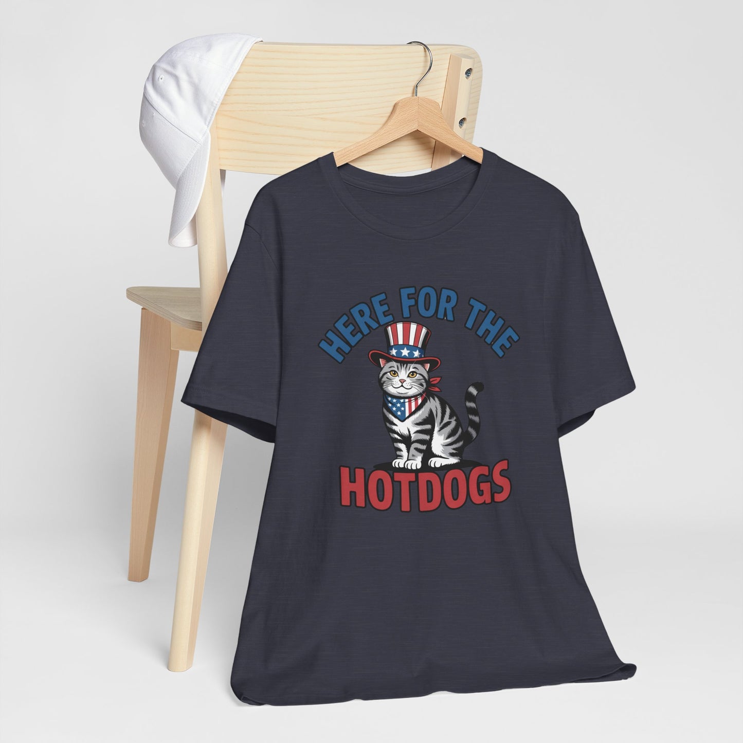 Patriotic Cat T-Shirt - "Here For The Hotdogs" Funny 4th of July Shirt