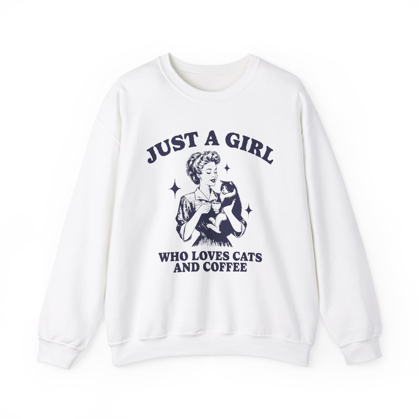 Crewneck Sweatshirt - Loves Coffee and Cats This crew neck sweatshirt is perfect for the girl who can't get enough of cats and coffee. It's the ultimate accessory for your self-care routine, allowing you to indulge in your passions while wrapped in softne