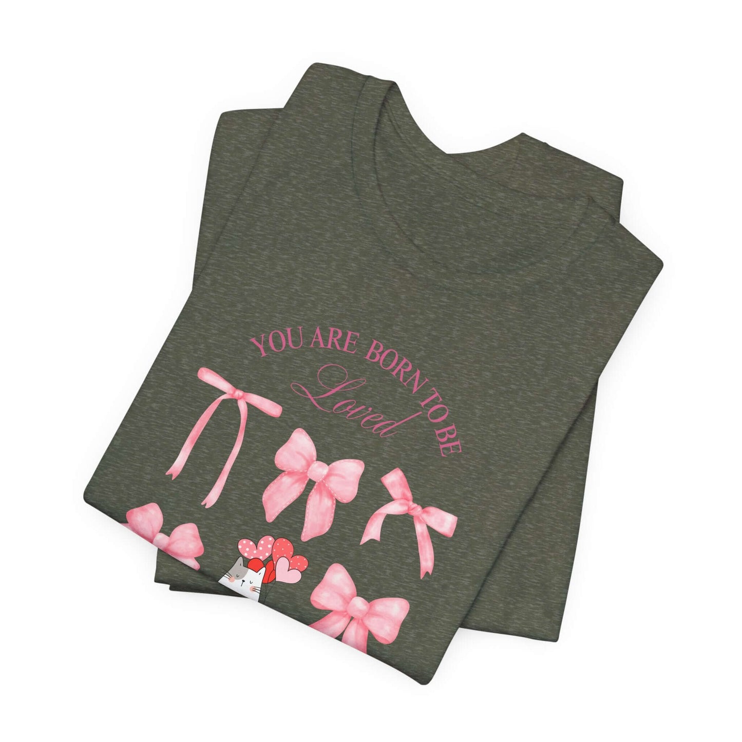 You Are Born To Be Loved Coquette Cat Tee This coquette cat valentines tee radiates a cute and playful vibe, perfect for those who are born to be loved. Product features- Unisex jersey short sleeve tee- Made with 100% lightweight cotton for breathability
