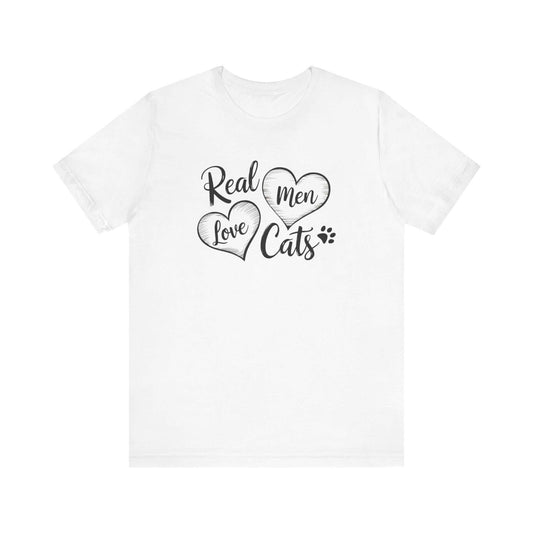 Real Men Love Cats Valentine's Day Tee A fun and playful T-Shirt design that showcases the love for cats. Real Men Love Cats makes a bold statement and comes in a nice comfy tee! Product features- Unisex jersey short sleeve tee- Made with 100% lightweight