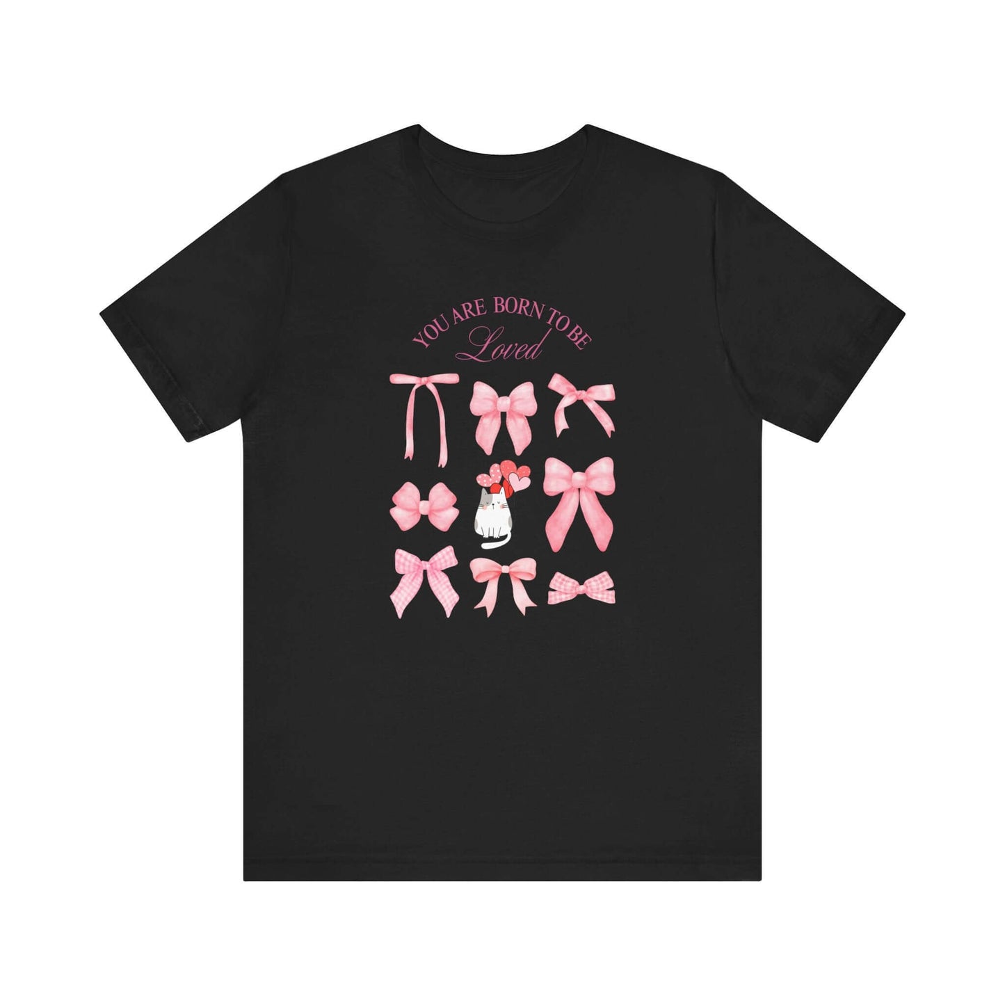 You Are Born To Be Loved Coquette Cat Tee This coquette cat valentines tee radiates a cute and playful vibe, perfect for those who are born to be loved. Product features- Unisex jersey short sleeve tee- Made with 100% lightweight cotton for breathability