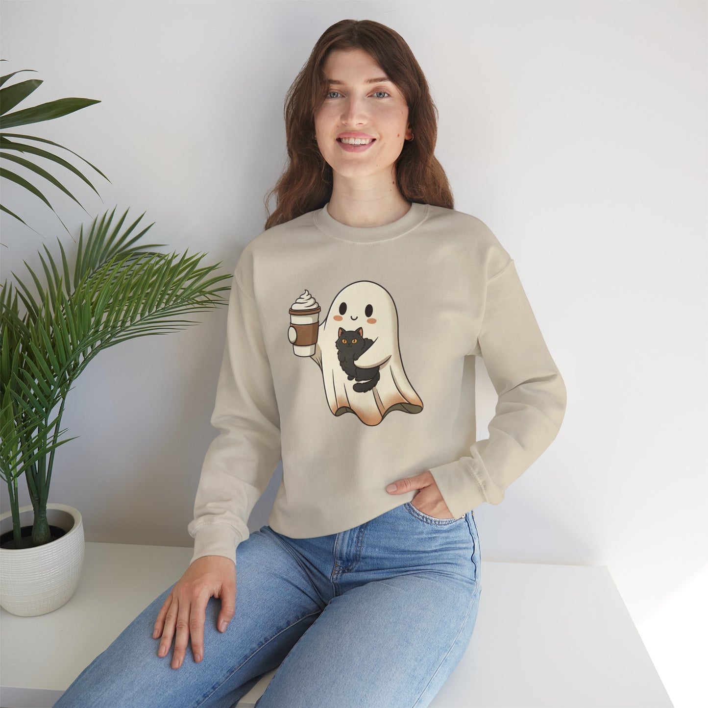 Ghost with Black Cat & Coffee Sweatshirt – Cute Halloween Crewneck, Spooky Season Fall Sweatshirt for Cat Lovers