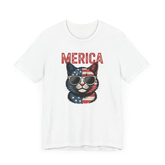 USA Cat Graphic Tee - Funny Patriotic ‘Merica Shirt - 4th of July T-Shirt for Men & Women