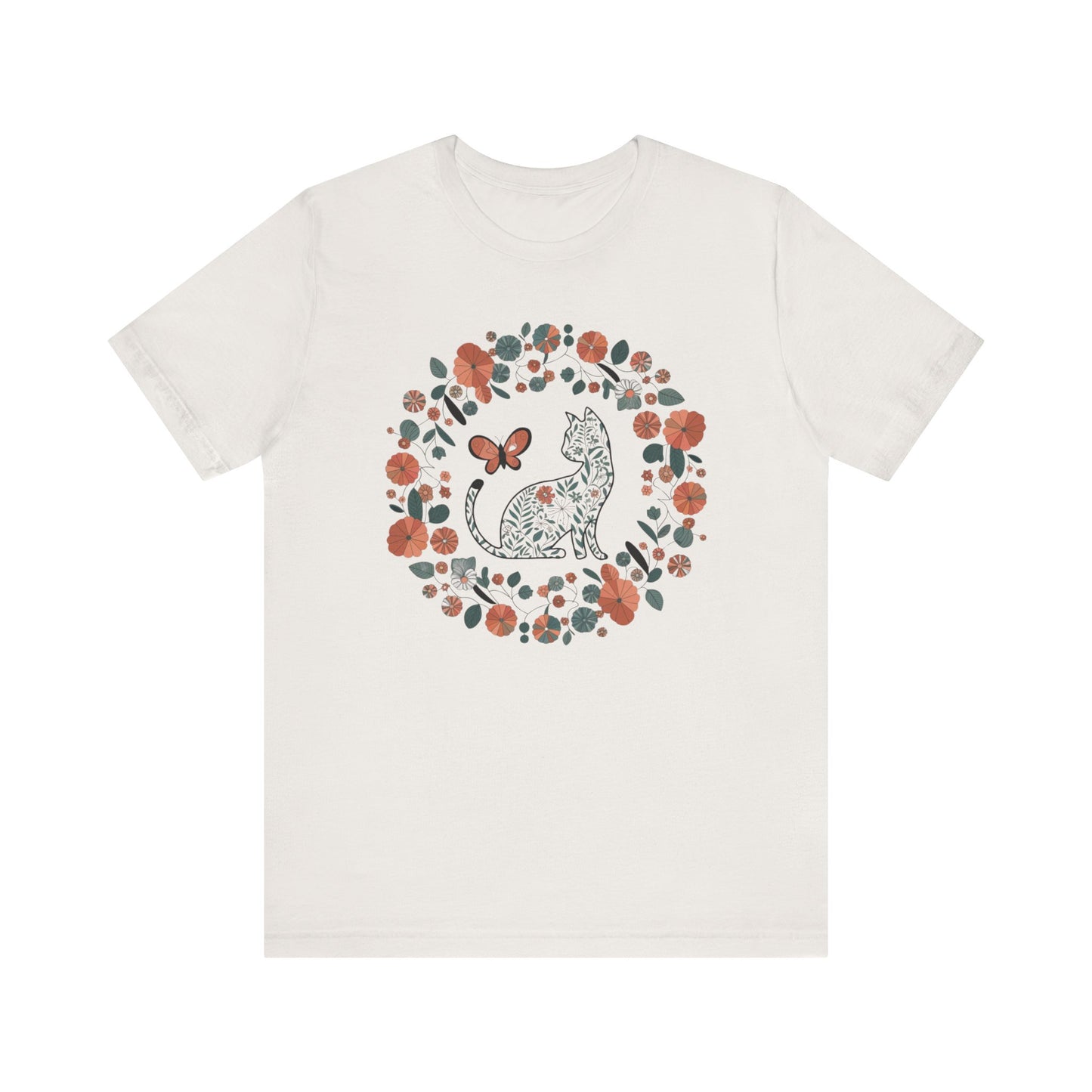 Floral Cat T-shirt with Butterfly This floral cat t-shirt will look great on you for any occassion. Featuring a cat, flowers, and a butterfly, this shirt is sure to catch everyone's eye. The beautiful design will have people asking, "where did you get tha