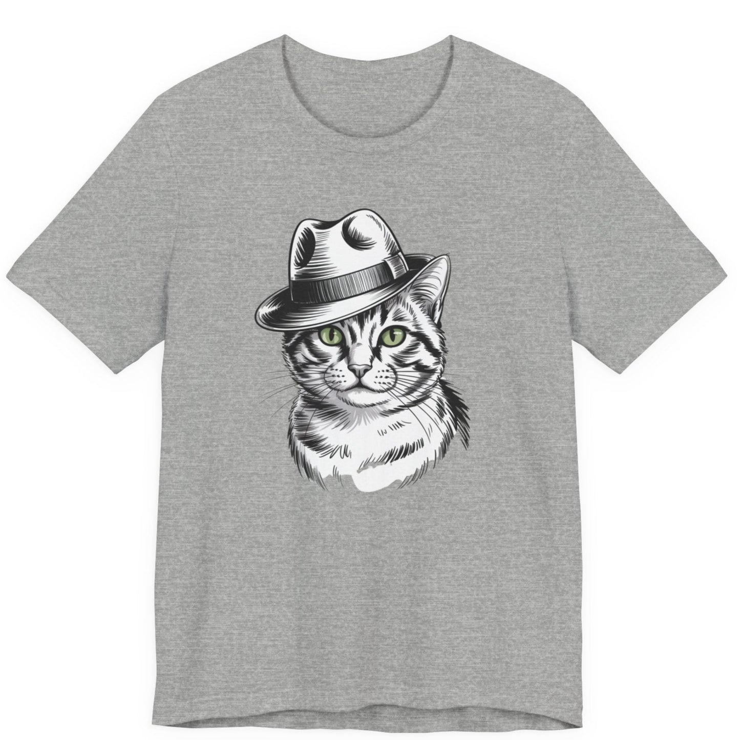 Gray t-shirt with a cat wearing a hat graphic on a white background