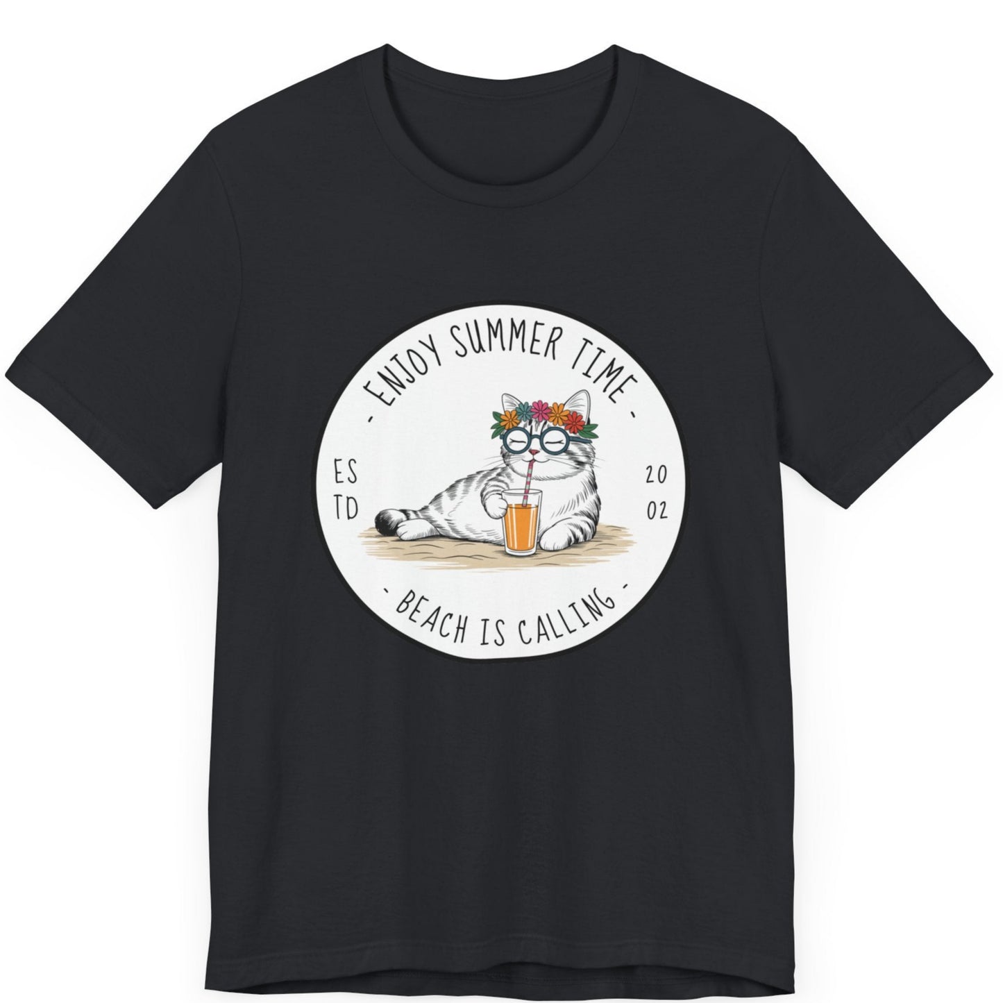 Tshirt with a cat sipping on a drink and the words enjoy summer time beach is calling