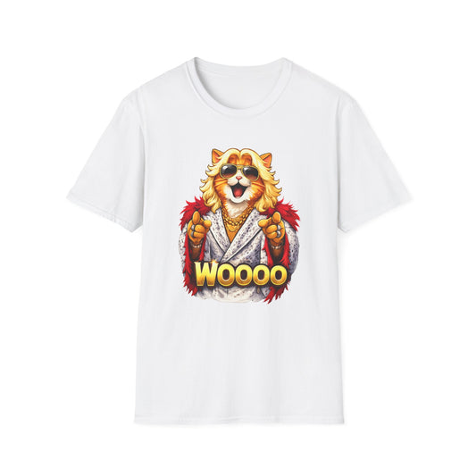 Ric Flair cat parody shirt featuring a cat in sunglasses and feathered robe with WOOOO text