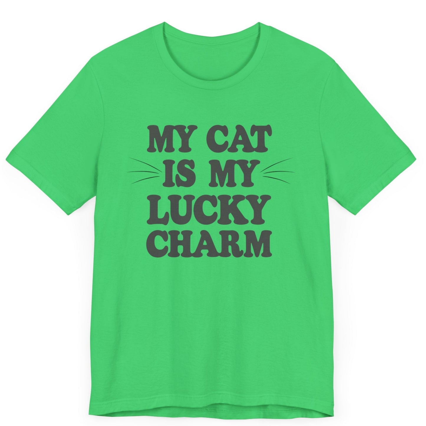 tshirt for st patricks day that says my cat is my lucky charm. it also features cat whiskers on both sides