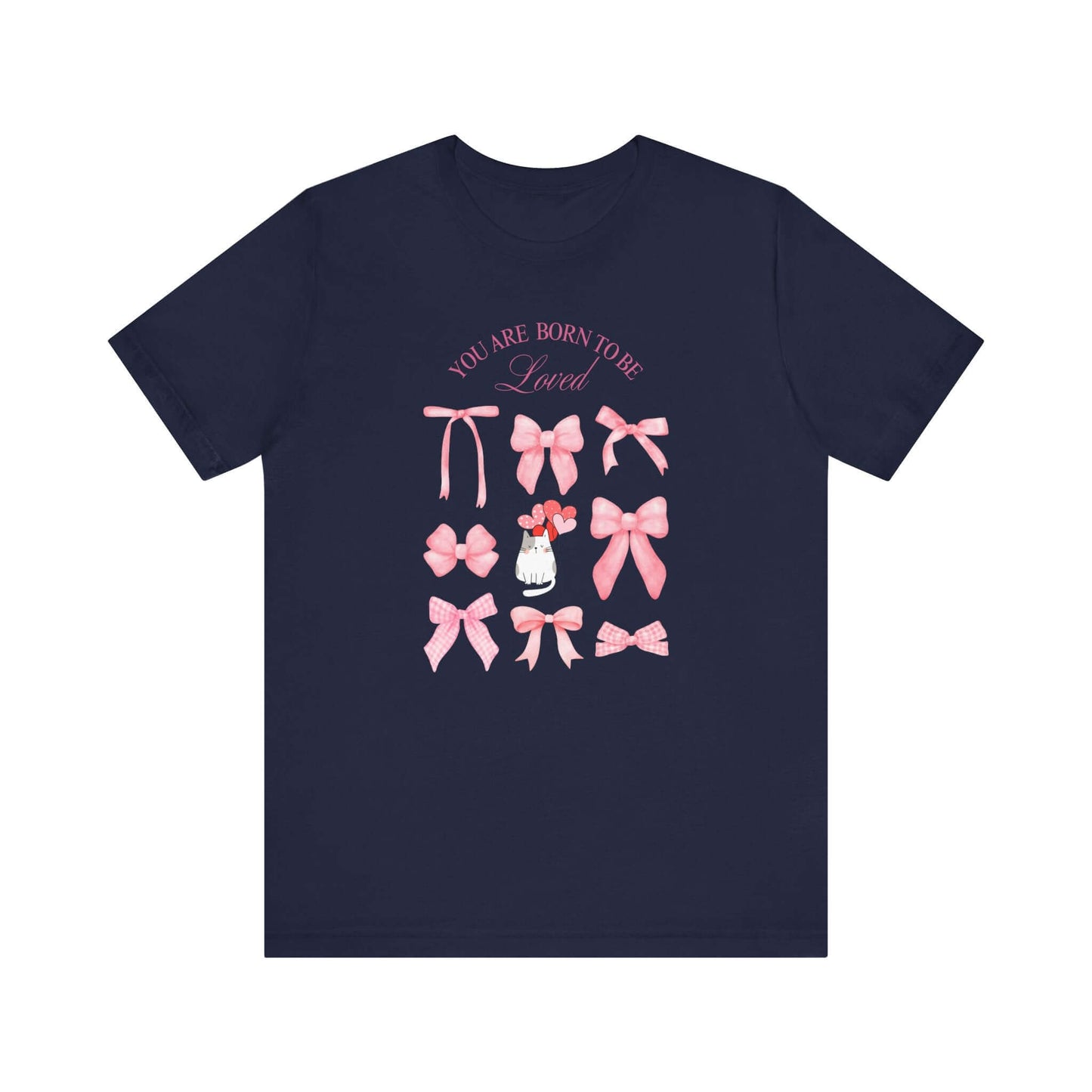 You Are Born To Be Loved Coquette Cat Tee This coquette cat valentines tee radiates a cute and playful vibe, perfect for those who are born to be loved. Product features- Unisex jersey short sleeve tee- Made with 100% lightweight cotton for breathability