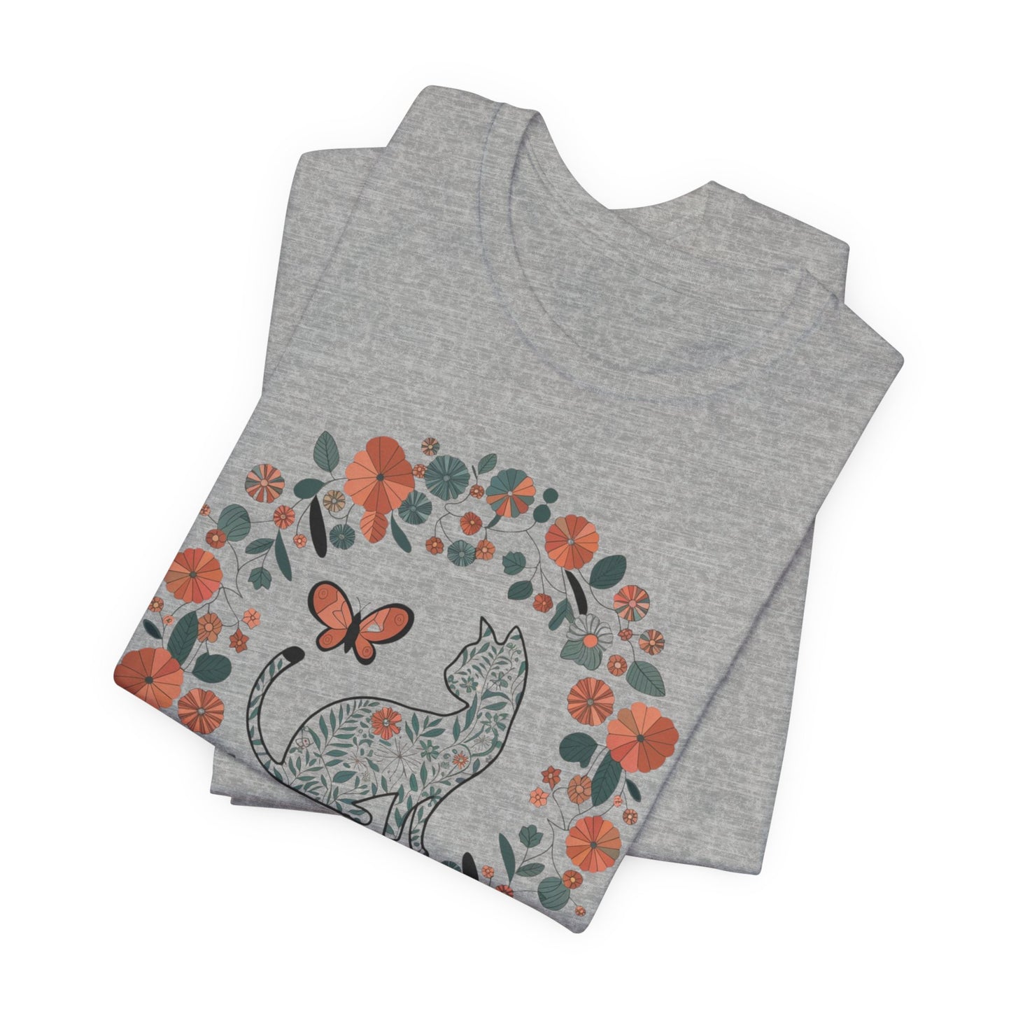 Floral Cat T-shirt with Butterfly This floral cat t-shirt will look great on you for any occassion. Featuring a cat, flowers, and a butterfly, this shirt is sure to catch everyone's eye. The beautiful design will have people asking, "where did you get tha