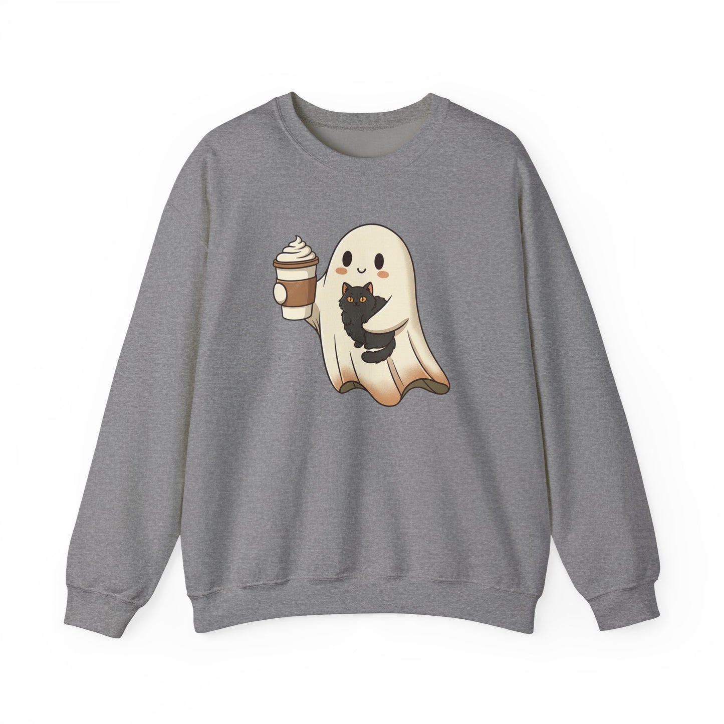 Ghost with Black Cat & Coffee Sweatshirt – Cute Halloween Crewneck, Spooky Season Fall Sweatshirt for Cat Lovers