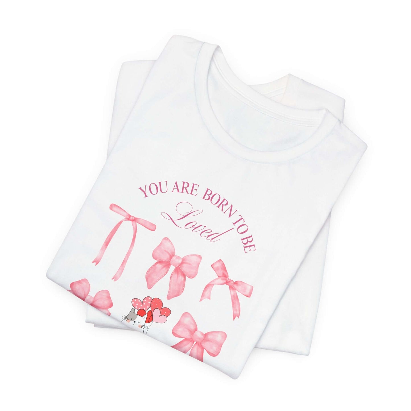 You Are Born To Be Loved Coquette Cat Tee This coquette cat valentines tee radiates a cute and playful vibe, perfect for those who are born to be loved. Product features- Unisex jersey short sleeve tee- Made with 100% lightweight cotton for breathability