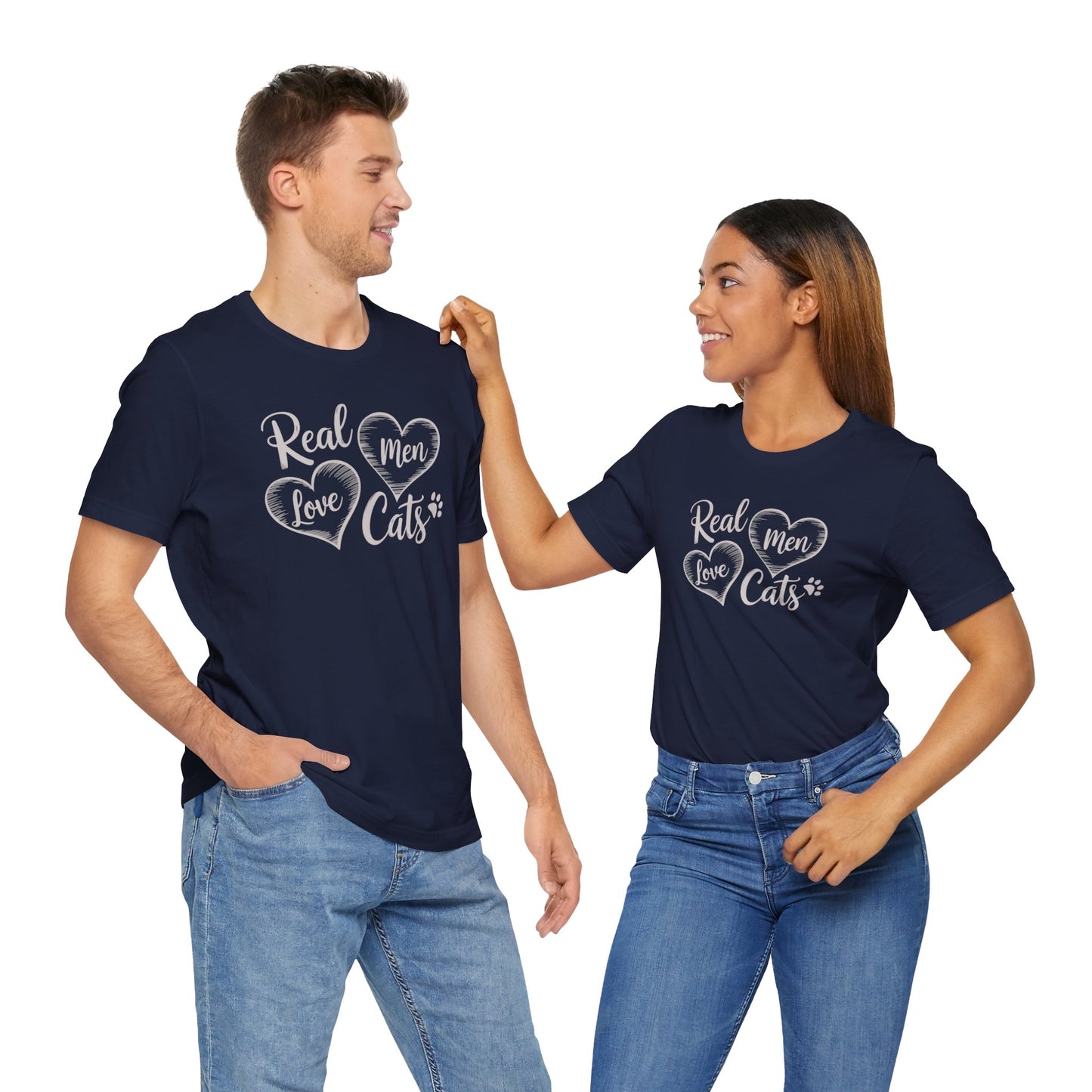Real Men Love Cats Valentine's Day Tee A fun and playful T-Shirt design that showcases the love for cats. Real Men Love Cats makes a bold statement and comes in a nice comfy tee! Product features- Unisex jersey short sleeve tee- Made with 100% lightweight