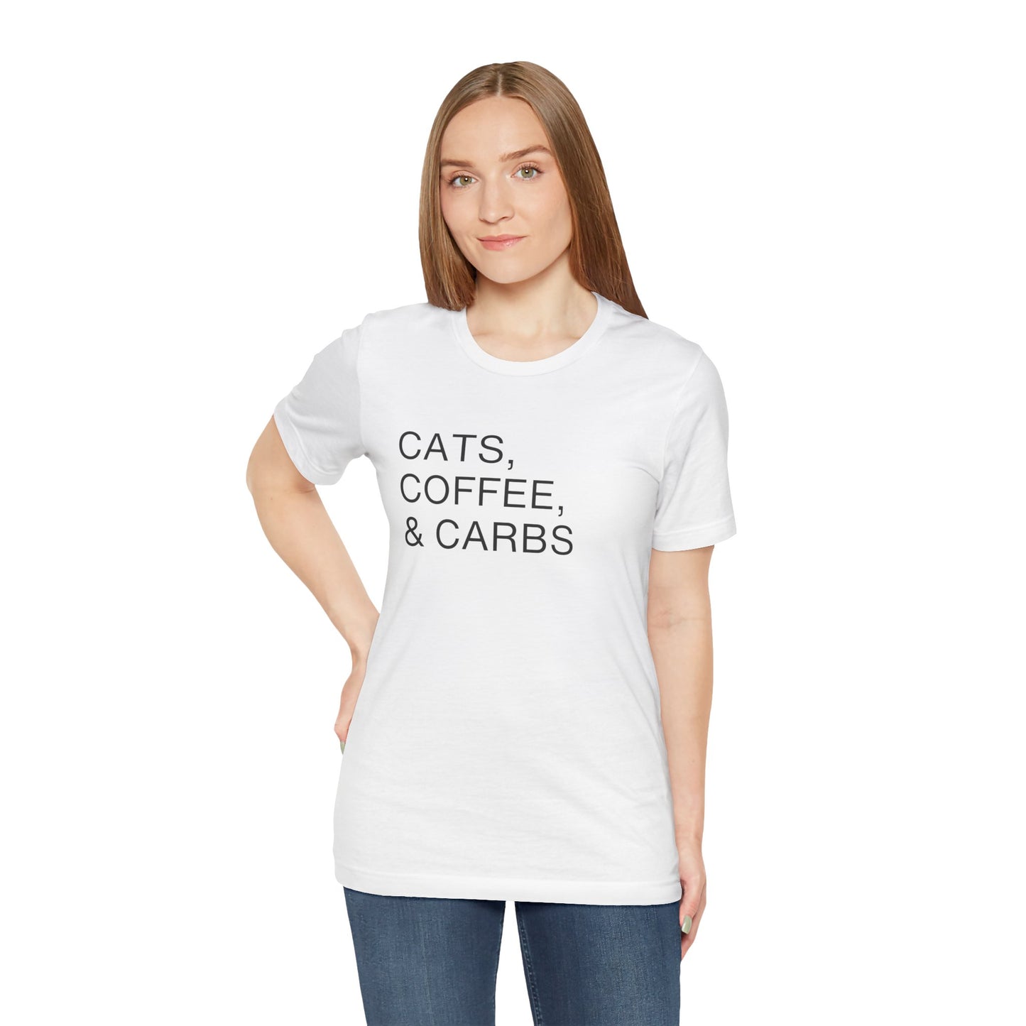 Cats, Coffee, and Carbs, Minimalist Tee This tee is a must-have for any proud cat parent who can't get enough of their furry friends, their daily coffee fix, and their favorite comfort foods. Wear it as a badge of honor and connect with fellow cat lovers