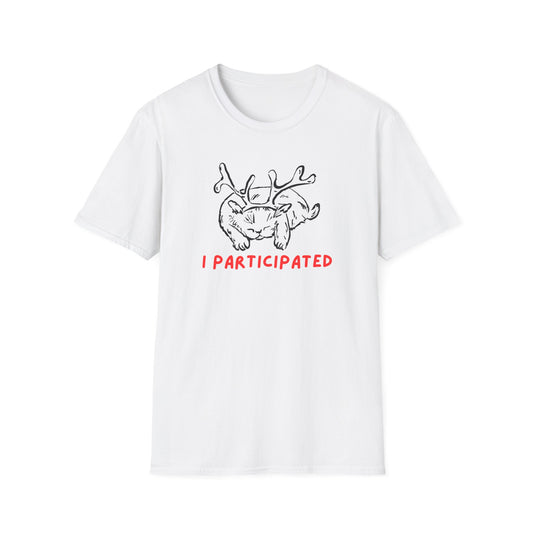 I Participated Cat Christmas T-Shirt | Funny Lazy Cat Reindeer Holiday Tee