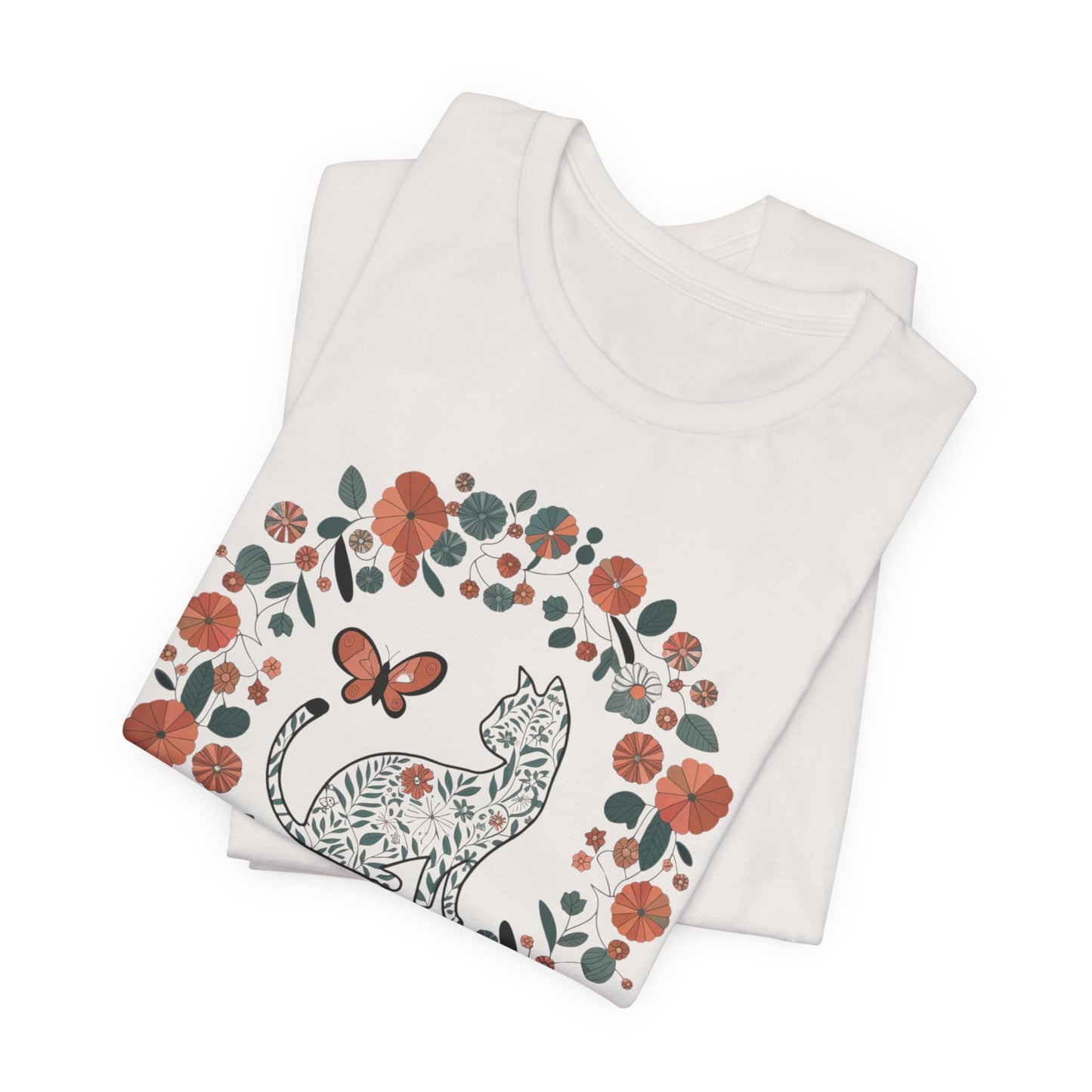 Floral Cat T-shirt with Butterfly This floral cat t-shirt will look great on you for any occassion. Featuring a cat, flowers, and a butterfly, this shirt is sure to catch everyone's eye. The beautiful design will have people asking, "where did you get tha
