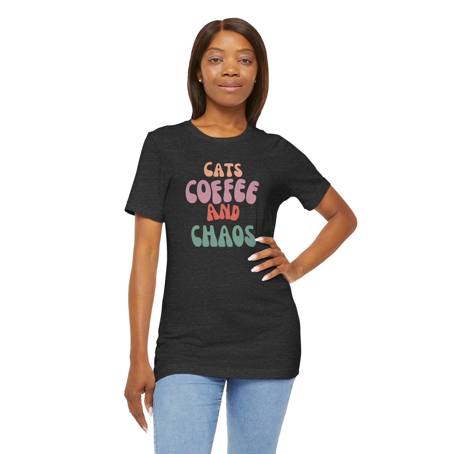 Cats and Coffee and Chaos Tee This shirt celebrates the joyful chaos that comes with loving cats and coffee. Whether you're sipping your morning brew or cuddling your kitty, this shirt lets the world know your passions. Wear it with pride and let the comp