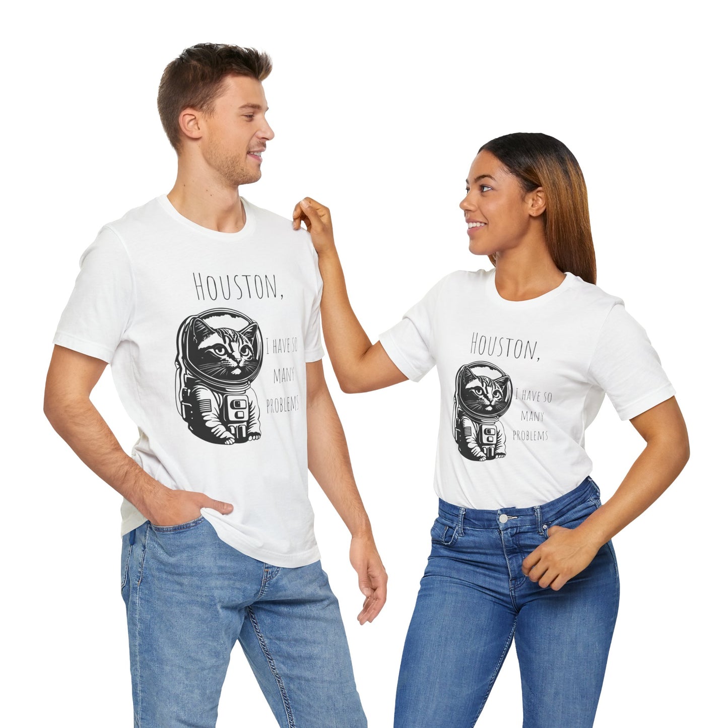 Astronaut Cat Tee - Funny Cat Houston We Have Many Problems This funny cat astronaut design T-shirt brings a playful and whimsical vibe to your wardrobe. Perfect for cat lovers, space enthusiasts, and those with a quirky sense of humor. Ideal for casual w