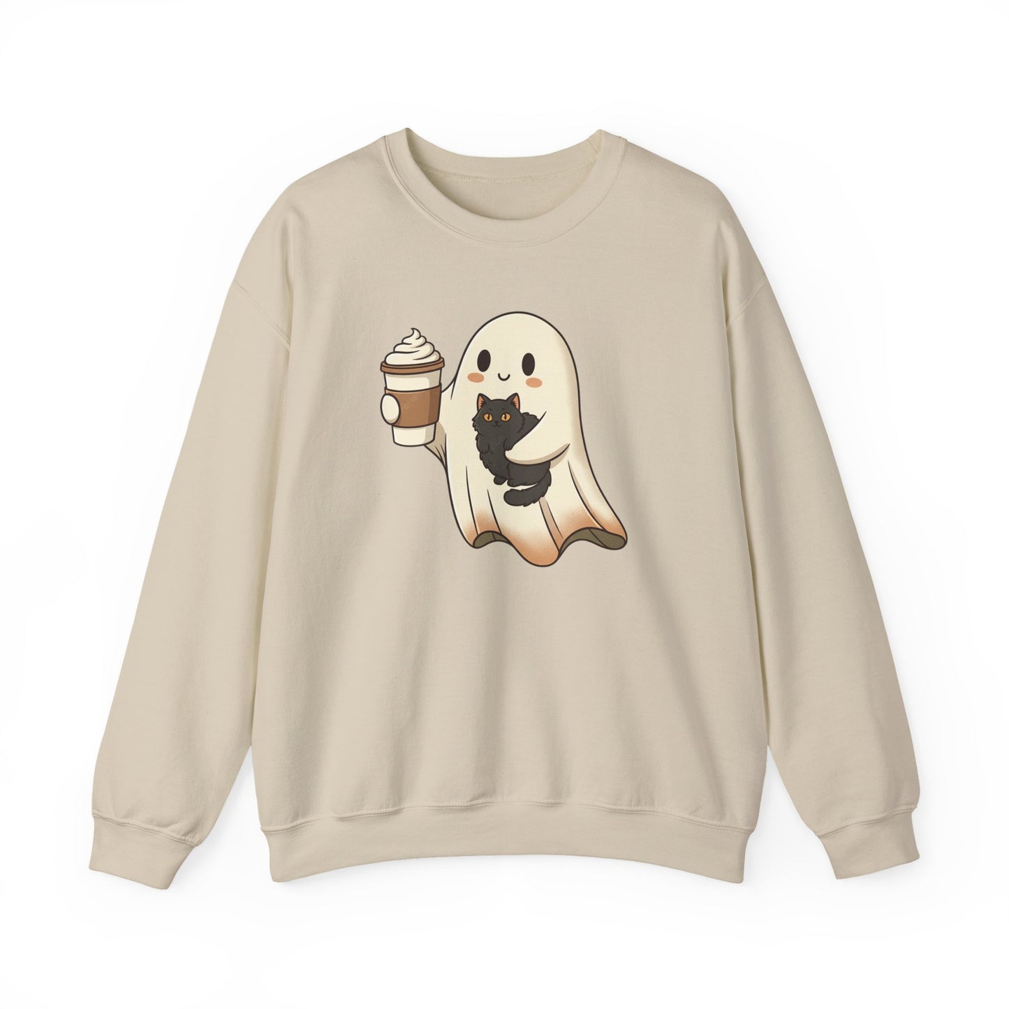 Ghost with Black Cat & Coffee Sweatshirt – Cute Halloween Crewneck, Spooky Season Fall Sweatshirt for Cat Lovers