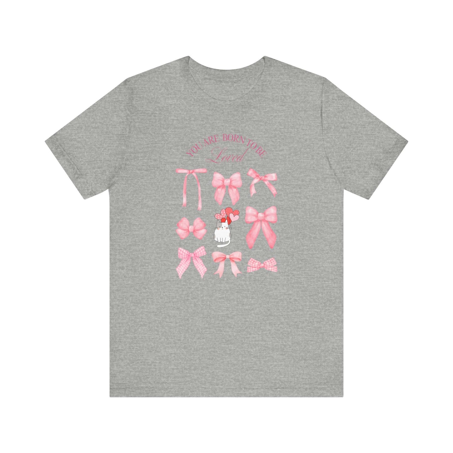 You Are Born To Be Loved Coquette Cat Tee This coquette cat valentines tee radiates a cute and playful vibe, perfect for those who are born to be loved. Product features- Unisex jersey short sleeve tee- Made with 100% lightweight cotton for breathability