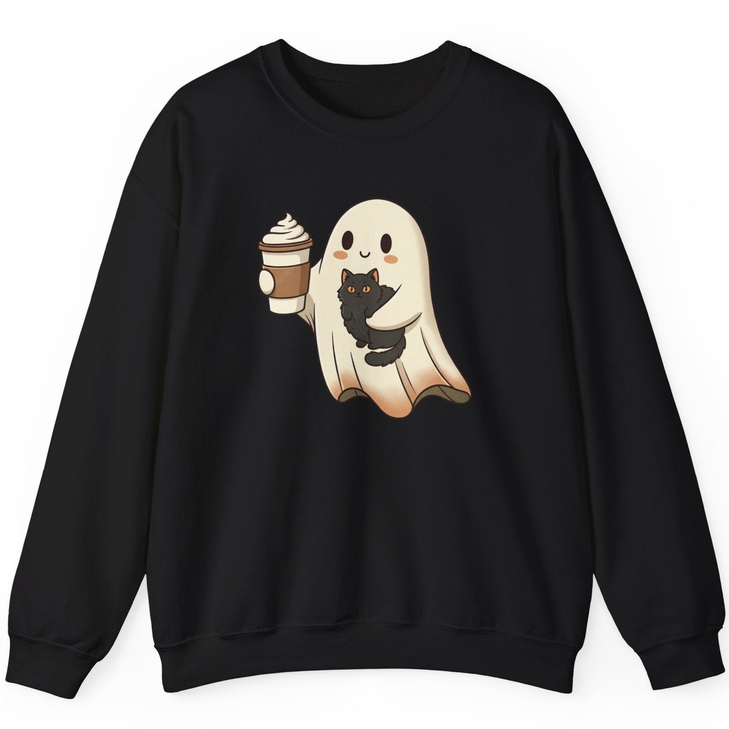 Black sweatshirt with a ghost holding a coffee cup design on a white background