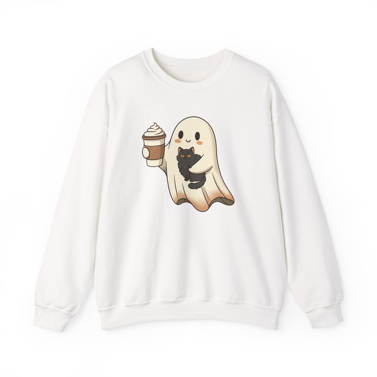 Ghost with Black Cat & Coffee Sweatshirt – Cute Halloween Crewneck, Spooky Season Fall Sweatshirt for Cat Lovers