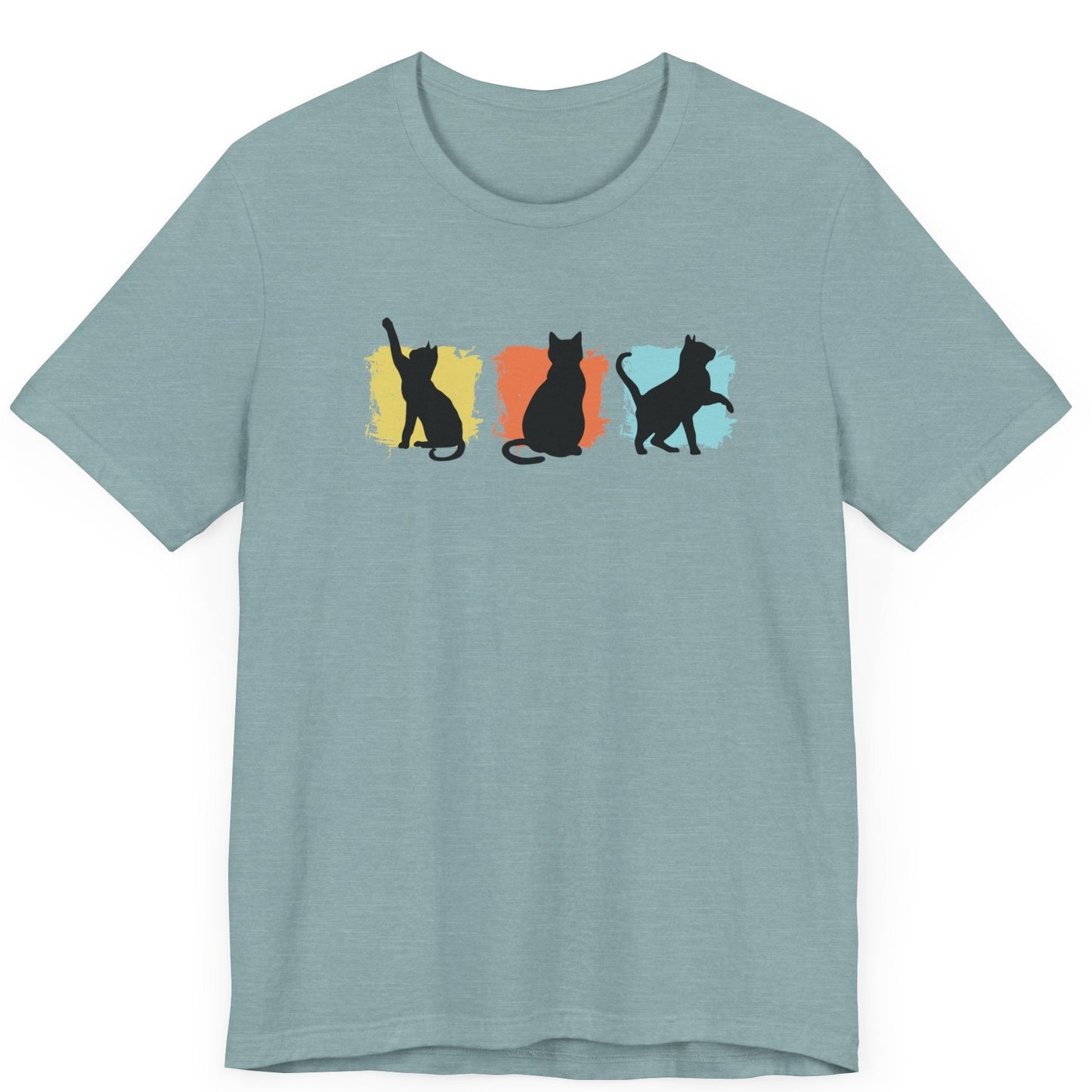 Tshirt with a black silhouette of 3 cats on color slashes