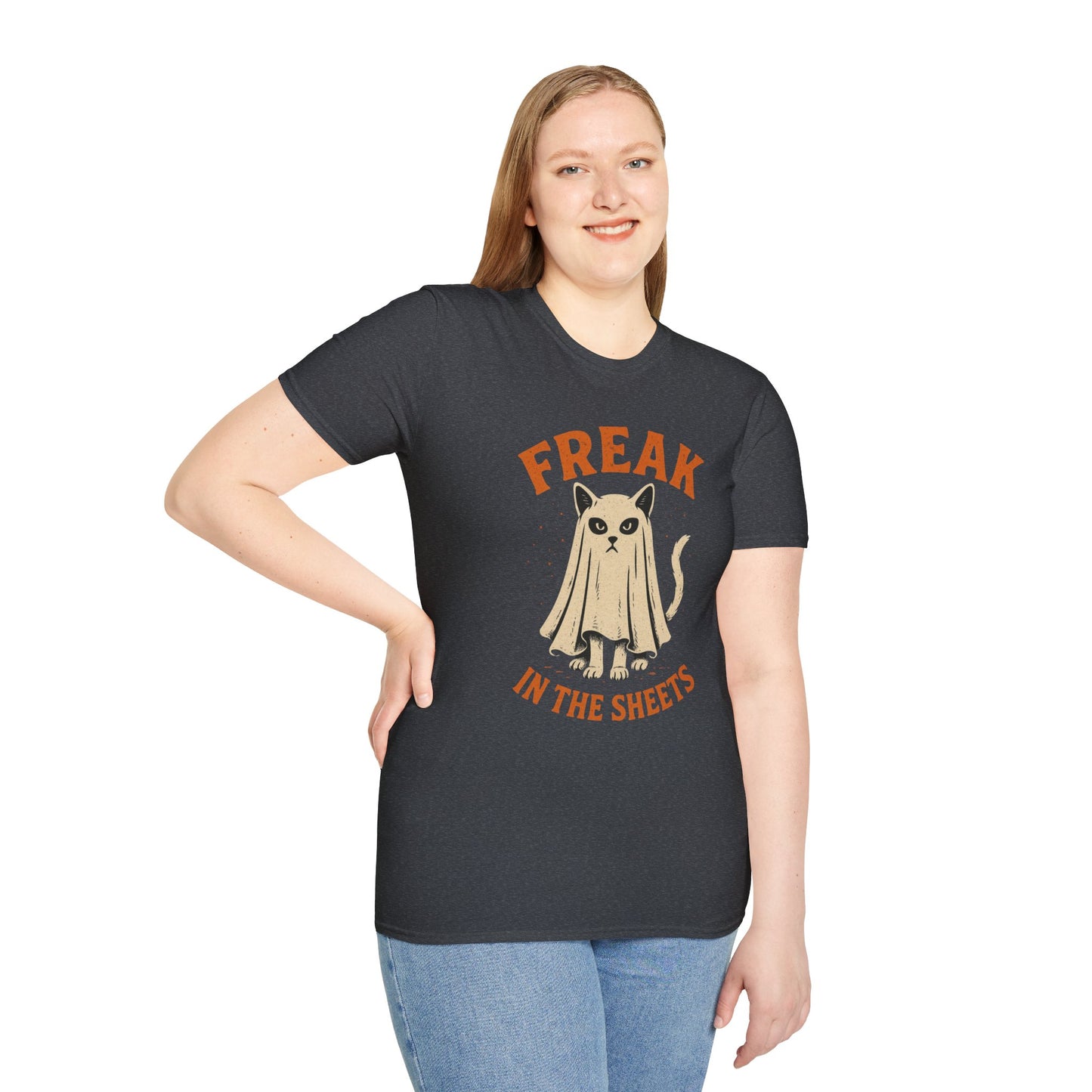 Freak in the Sheets Cat Halloween T-Shirt – Funny Ghost Cat Graphic Tee