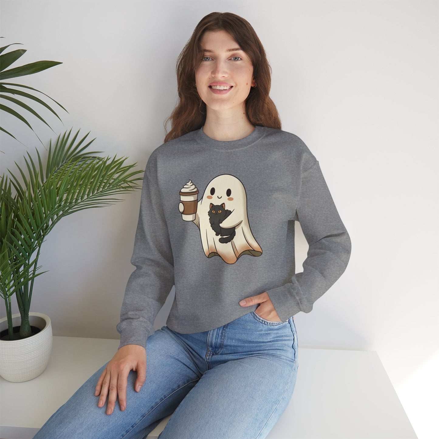 Ghost with Black Cat & Coffee Sweatshirt – Cute Halloween Crewneck, Spooky Season Fall Sweatshirt for Cat Lovers