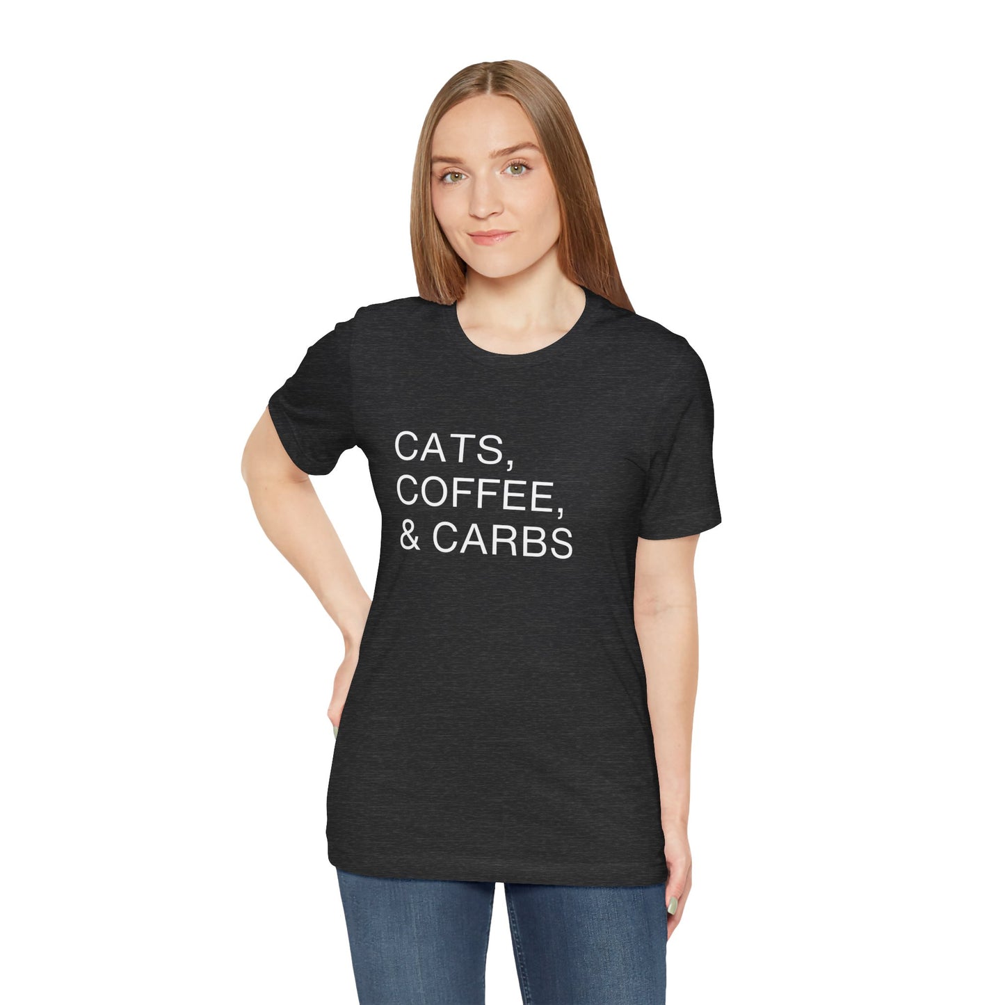 Cats, Coffee, and Carbs, Minimalist Tee This tee is a must-have for any proud cat parent who can't get enough of their furry friends, their daily coffee fix, and their favorite comfort foods. Wear it as a badge of honor and connect with fellow cat lovers