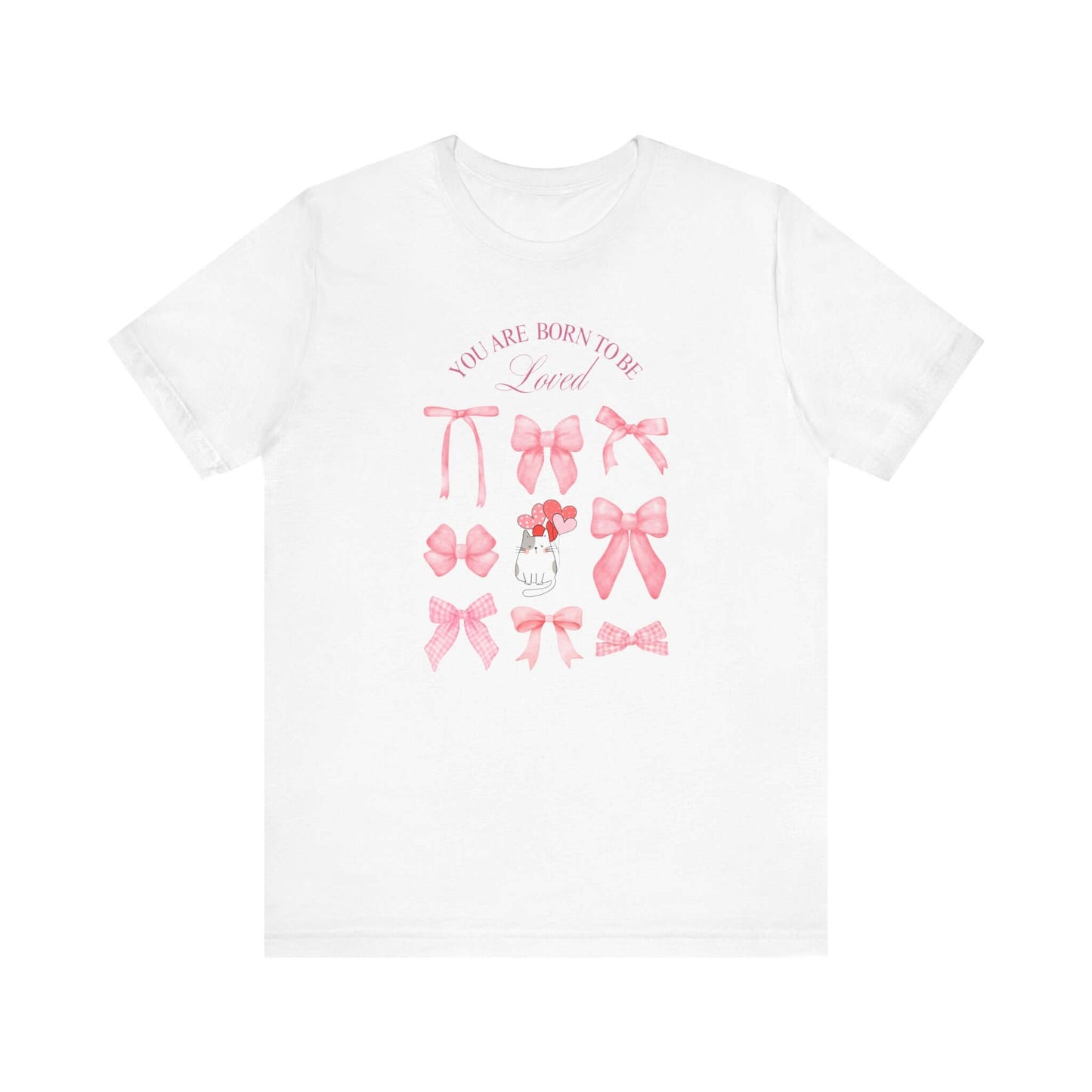 You Are Born To Be Loved Coquette Cat Tee This coquette cat valentines tee radiates a cute and playful vibe, perfect for those who are born to be loved. Product features- Unisex jersey short sleeve tee- Made with 100% lightweight cotton for breathability