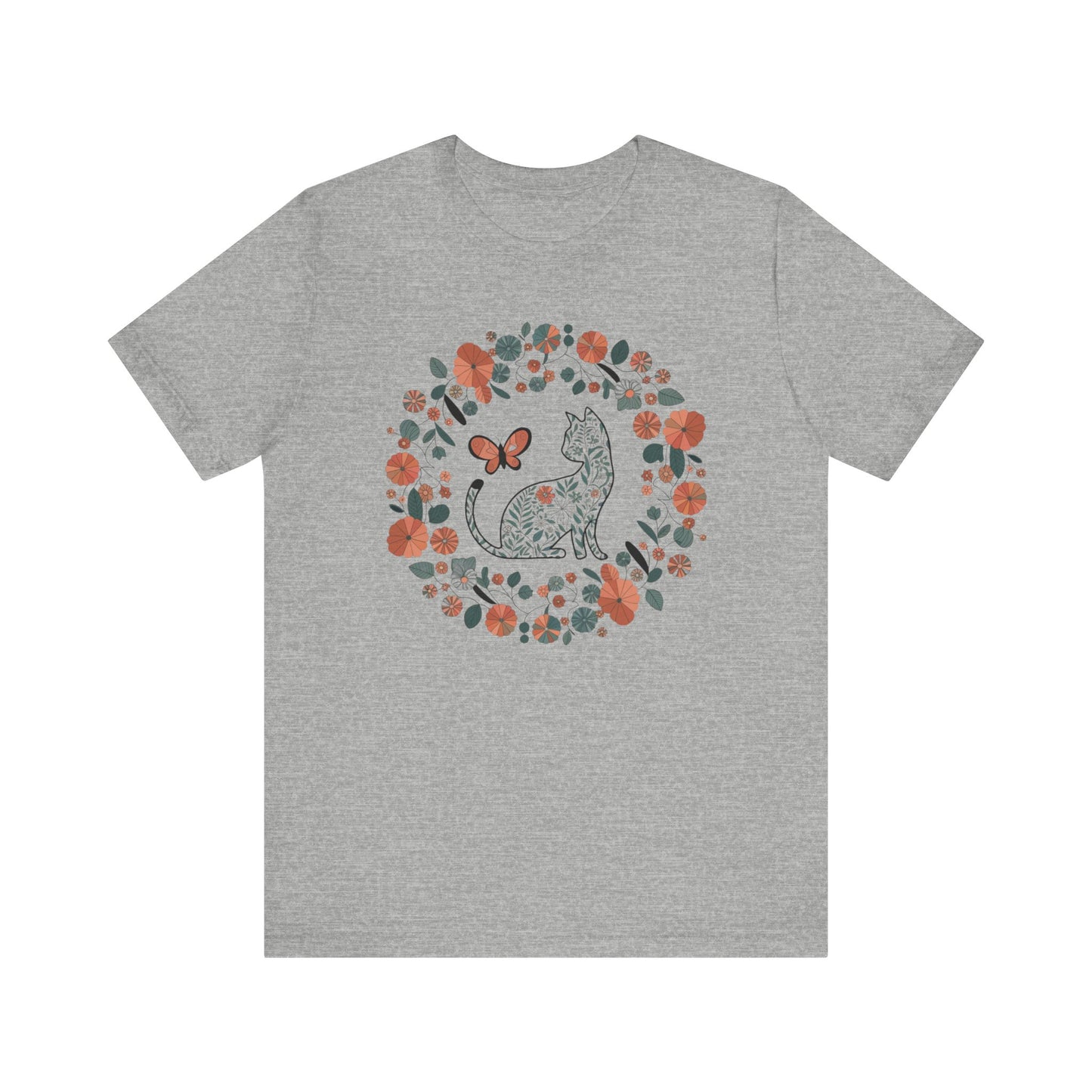 Floral Cat T-shirt with Butterfly This floral cat t-shirt will look great on you for any occassion. Featuring a cat, flowers, and a butterfly, this shirt is sure to catch everyone's eye. The beautiful design will have people asking, "where did you get tha