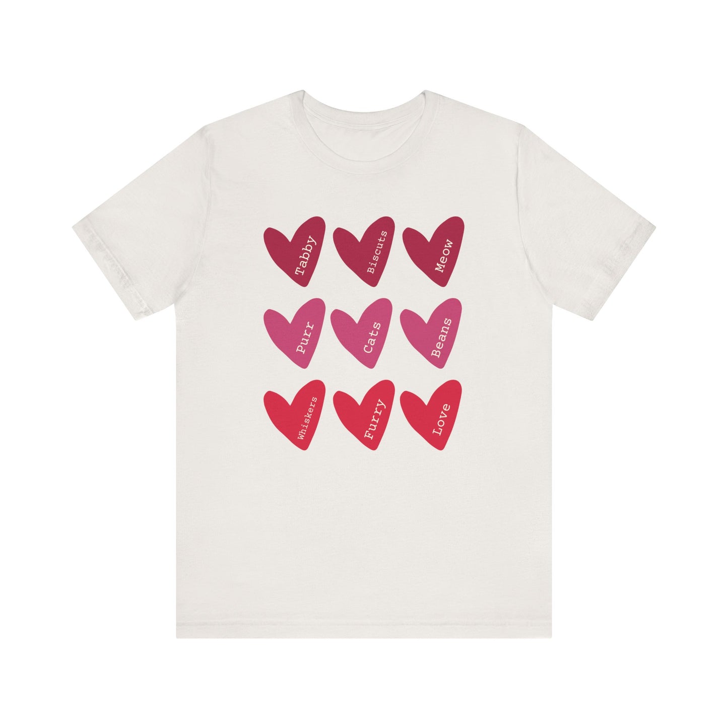 Cat Hearts Valentine’s Day Tshirt This T-Shirt features a cute design of Valentine's Day hearts with various cat types, giving off a playful and festive vibe. It is perfect for cat lovers celebrating Valentine's Day or looking to add a fun touch to their