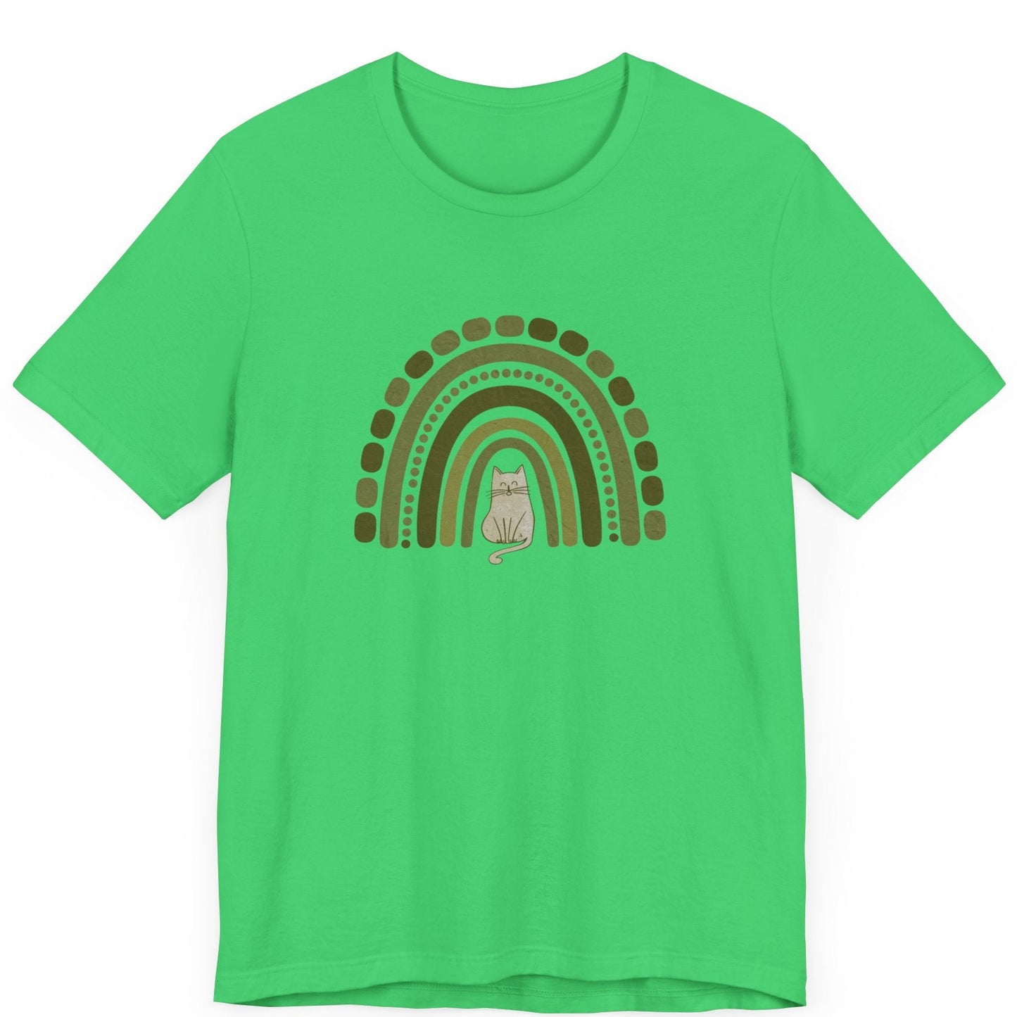 a tshirt with a boho rainbow. A cat is sitting in the middle of the rainbow