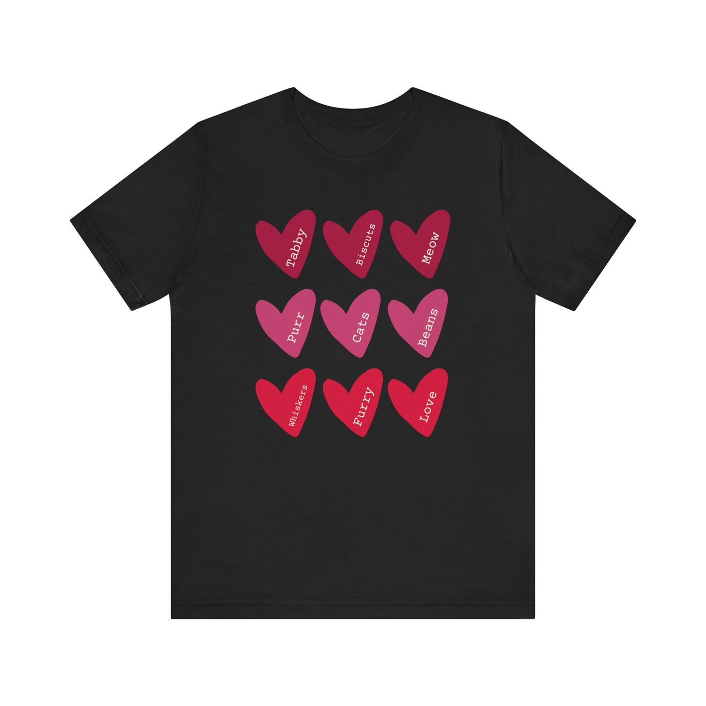 Cat Hearts Valentine’s Day Tshirt This T-Shirt features a cute design of Valentine's Day hearts with various cat types, giving off a playful and festive vibe. It is perfect for cat lovers celebrating Valentine's Day or looking to add a fun touch to their