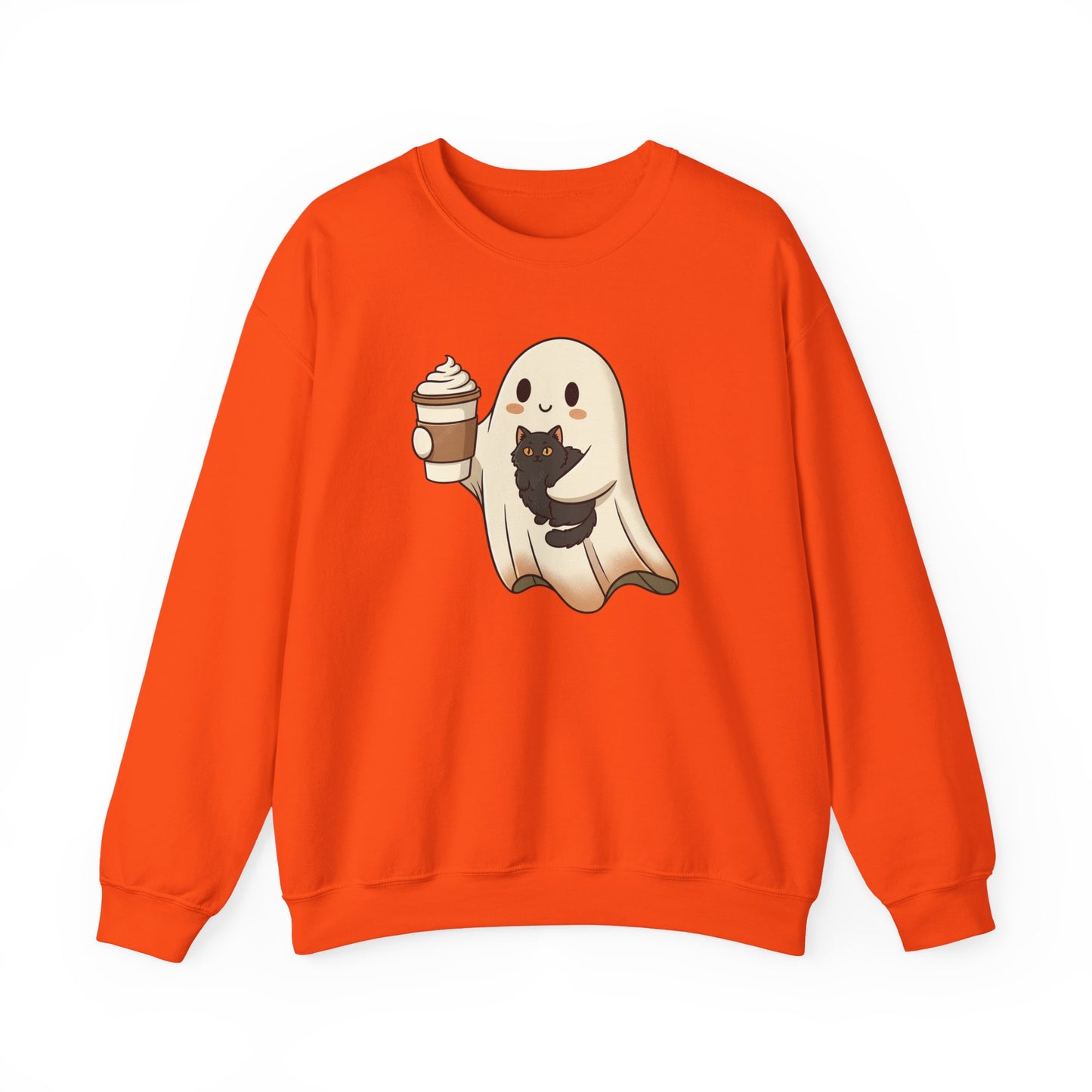 Ghost with Black Cat & Coffee Sweatshirt – Cute Halloween Crewneck, Spooky Season Fall Sweatshirt for Cat Lovers