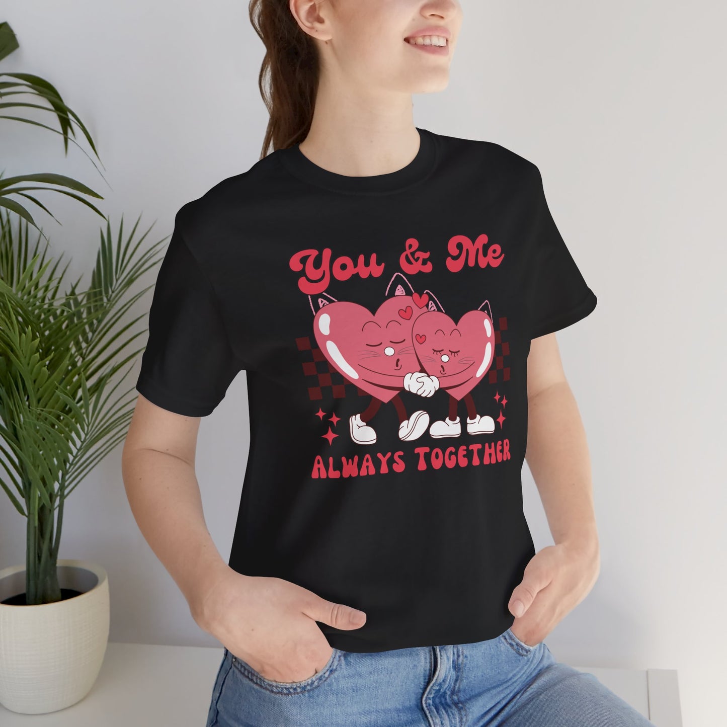 You & Me Heart Cat Tee A heartwarming T-Shirt featuring the design 'You and Me Always Together" heart cat. This T-Shirt exudes a cozy and loving vibe, making it a perfect gift for cat lovers and couples. Ideal for Valentine's Day, anniversaries, and every